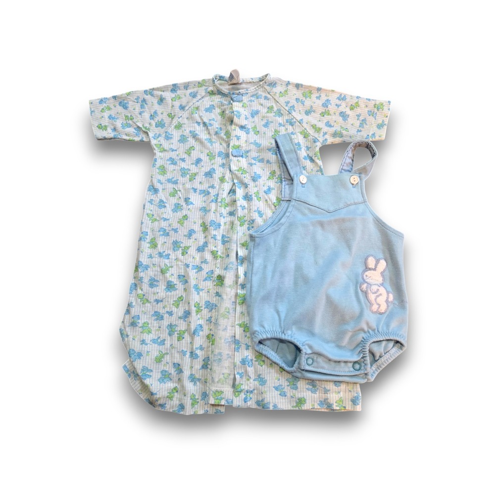 Vintage Carter's Baby Set Layette Nightgown + Overalls Romper Blue 6-9m